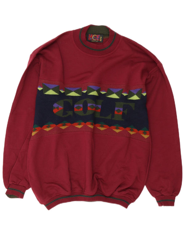 vintage Mens Golf Crew Neck Jumper Sweater Medium Bordeaux Colourblock