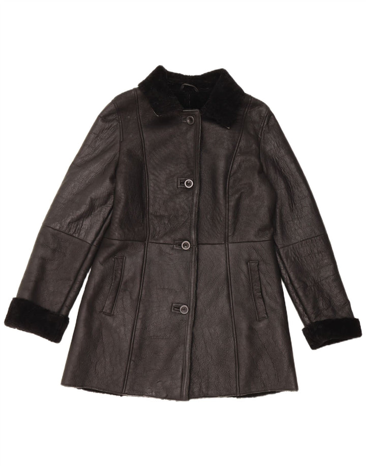 vintage Femme Shearling Coat EU 40 Cuir Noir Moyen