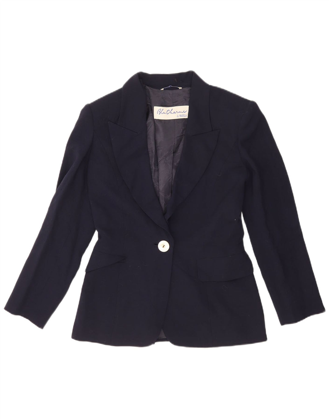Marella Veste Blazer 1 Bouton pour Femme UK 10 Petite Laine Vierge Bleu Marine
