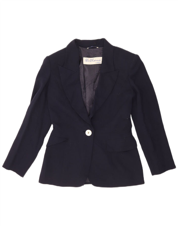 Marella Veste Blazer 1 Bouton pour Femme UK 10 Petite Laine Vierge Bleu Marine