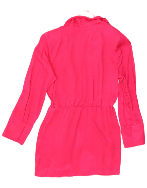 Zara Robe tunique portefeuille à manches longues pour femme UK 14 Large Viscose Rose