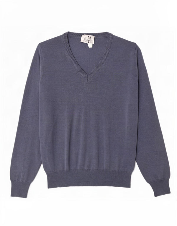 vintage Homme Col V Pull Pull Laine Mérinos Bleu Moyen