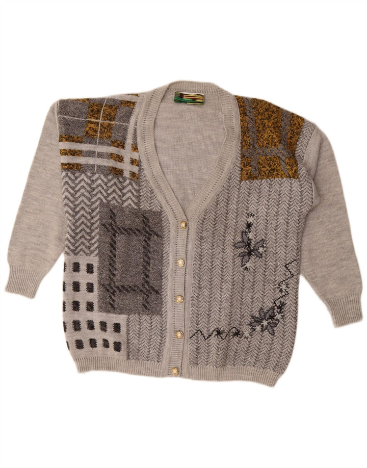 vintage Femme Cardigan Pull UK 18 XL Gris Patchwork