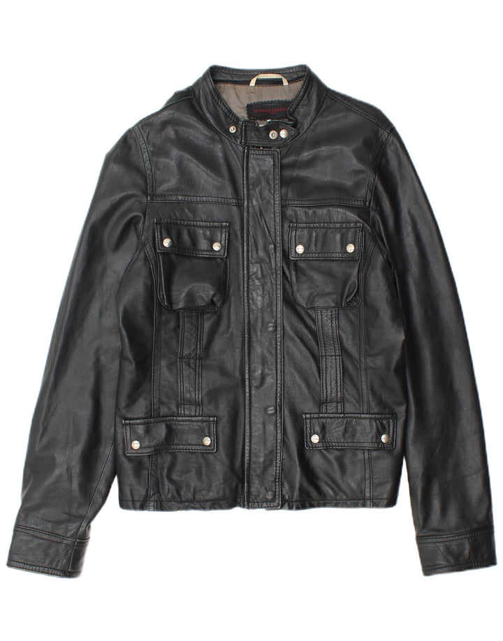 SANDRO FERRONE Veste en cuir femme UK 14 Grand cuir noir