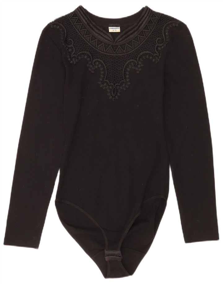 vintage Femmes Manches Longues Body UK 2 2XS Laine Vierge Noire