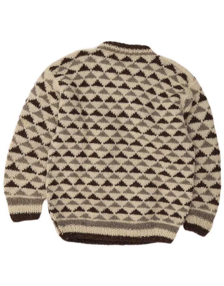 vintage Mens Crew Neck Jumper Pull Moyen Blanc Cassé Géométrique