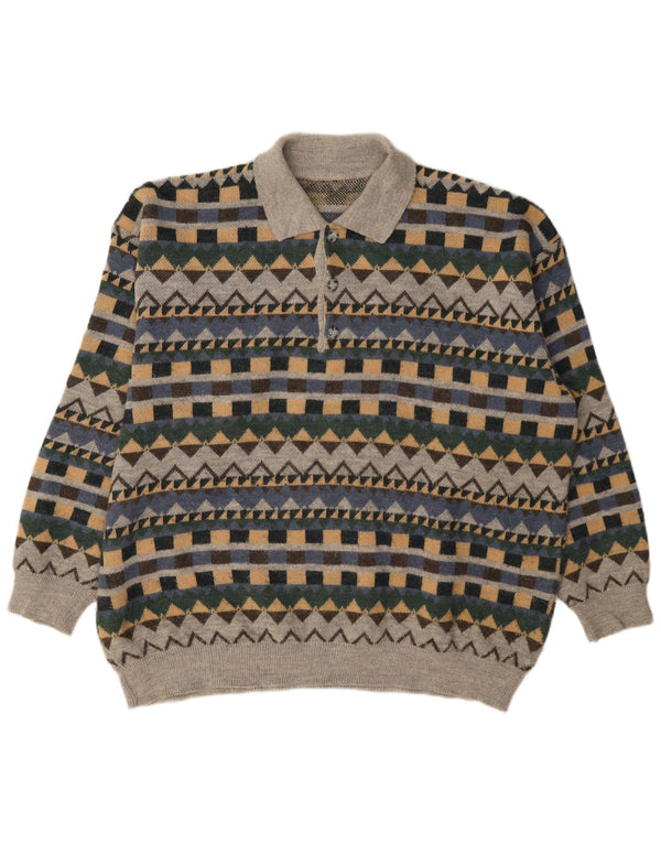 vintage Mens Polo Neck Jumper Sweater XL Gris Géométrique Acrylique