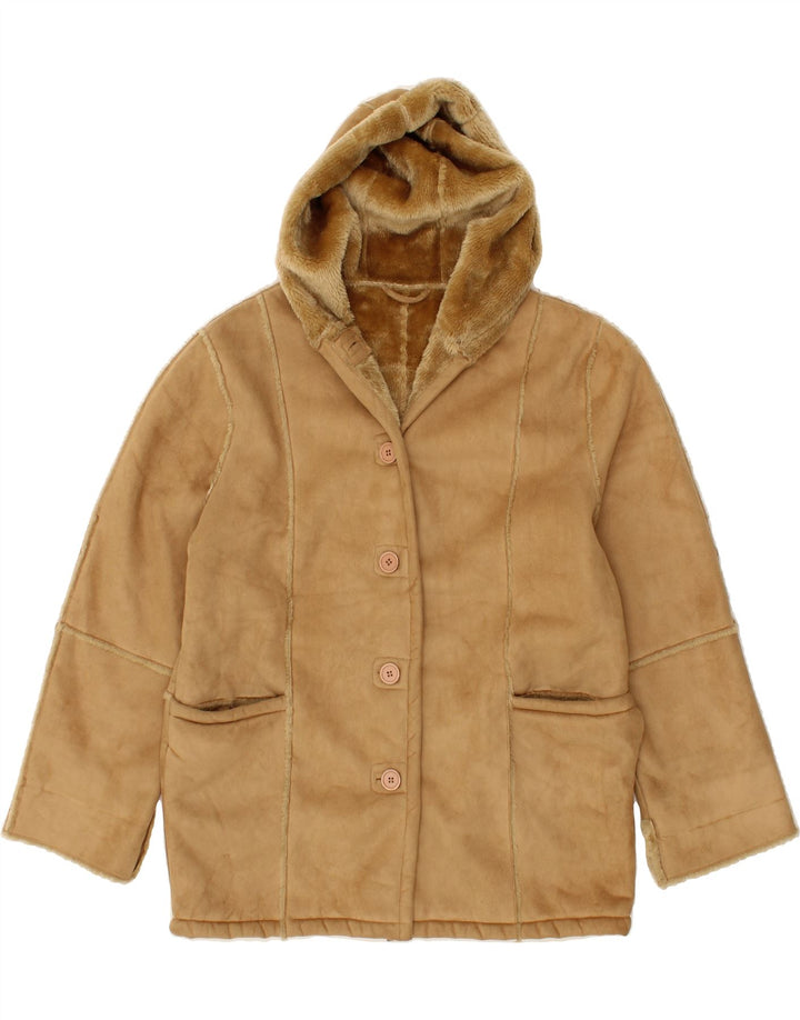 VINTAGE Womens Hooded Sherpa Jacket UK 16 Large  Beige Polyester Vintage Vintage and Second-Hand Vintage from Messina Hembry 