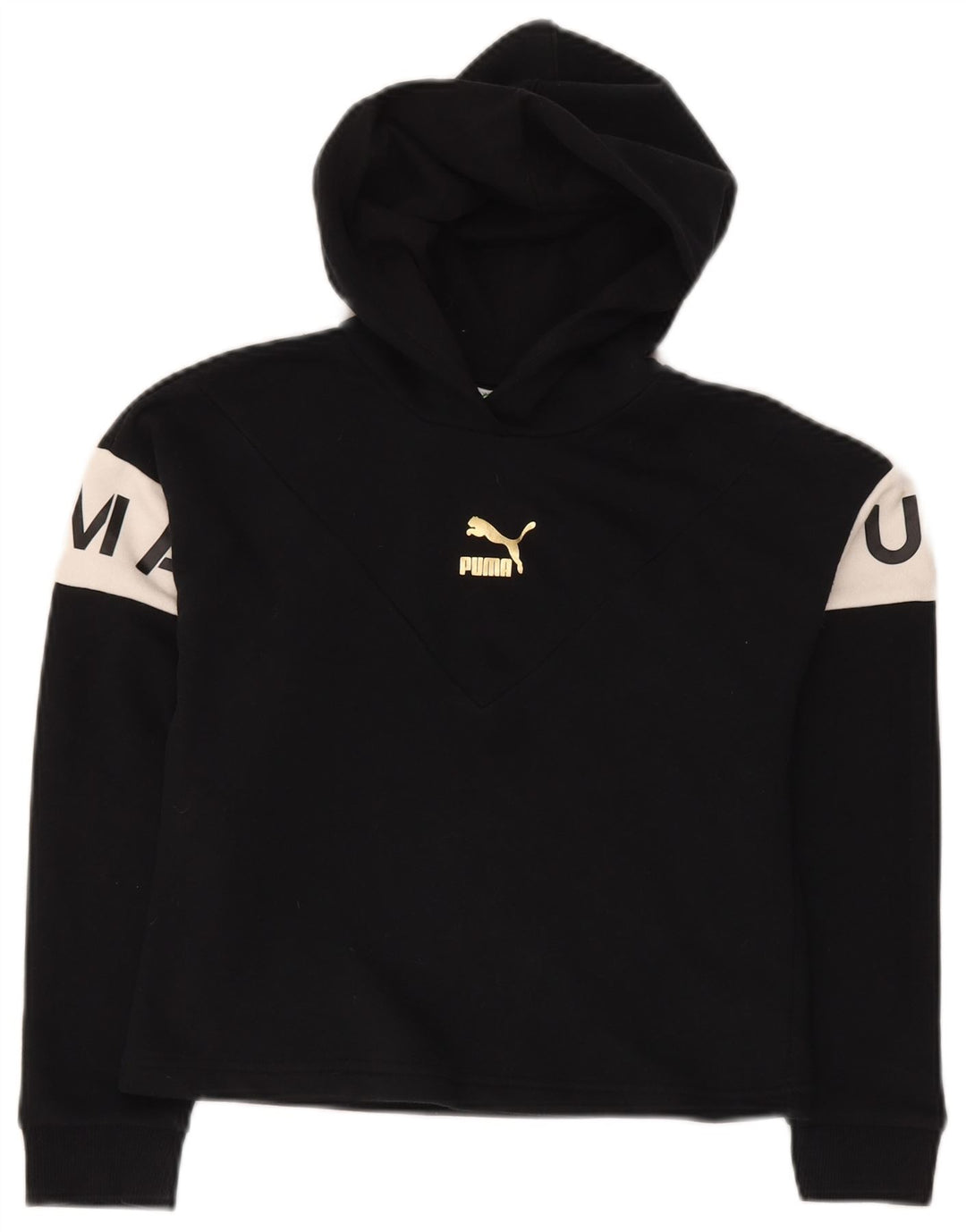 PUMA Pull à capuche court graphique pour fille 11-12 ans Noir Colorblock Coton