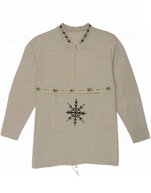 vintage Womens Graphic Zip Neck Sweatshirt Jumper UK 14 Grand Gris Moucheté