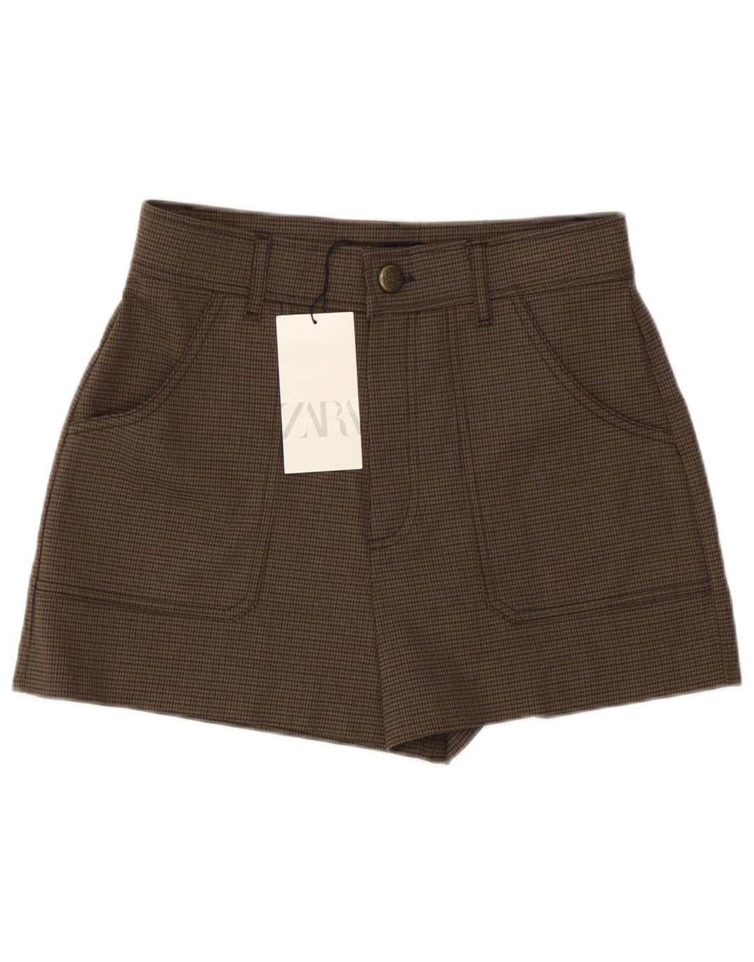 Zara Short taille haute décontracté pour femme Petit W26 Marron Pied-de-poule Polyester