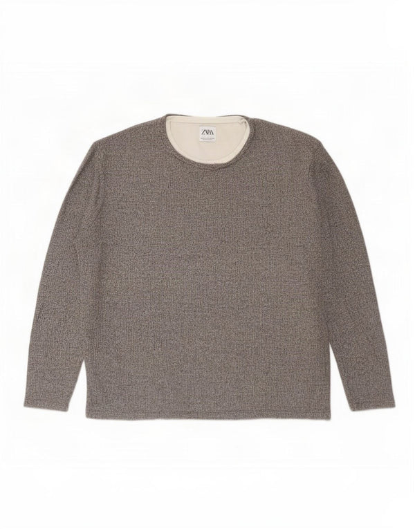 Zara Pull ras du cou pour homme XL en coton moucheté gris