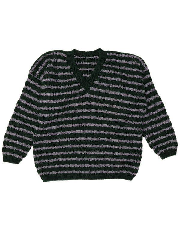 vintage Mens V-Col Jumper Pull Moyen Vert Rayé