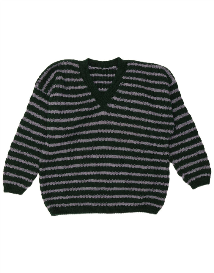 vintage Mens V-Col Jumper Pull Moyen Vert Rayé