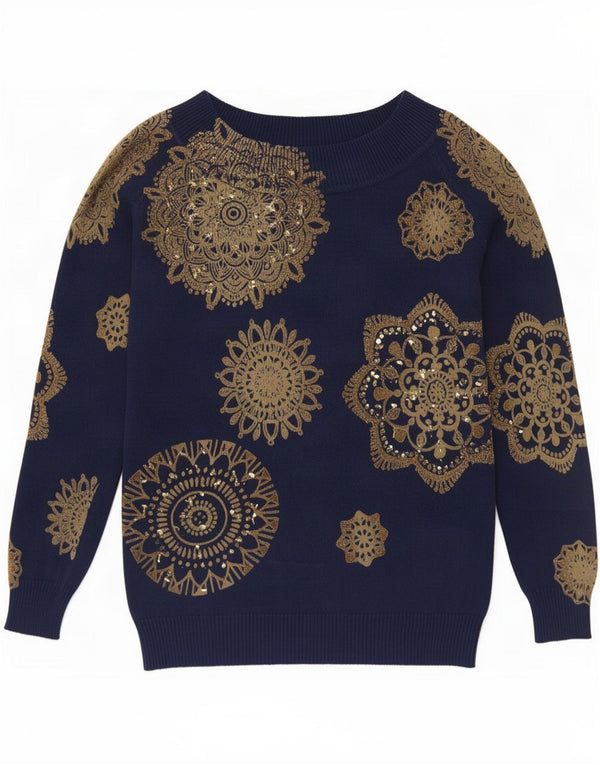 Desigual Pull col bateau pour femme UK 14 Large Bleu marine géométrique