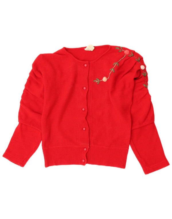 vintage Femme Cardigan Pull UK 12 Laine Florale Rouge Moyen