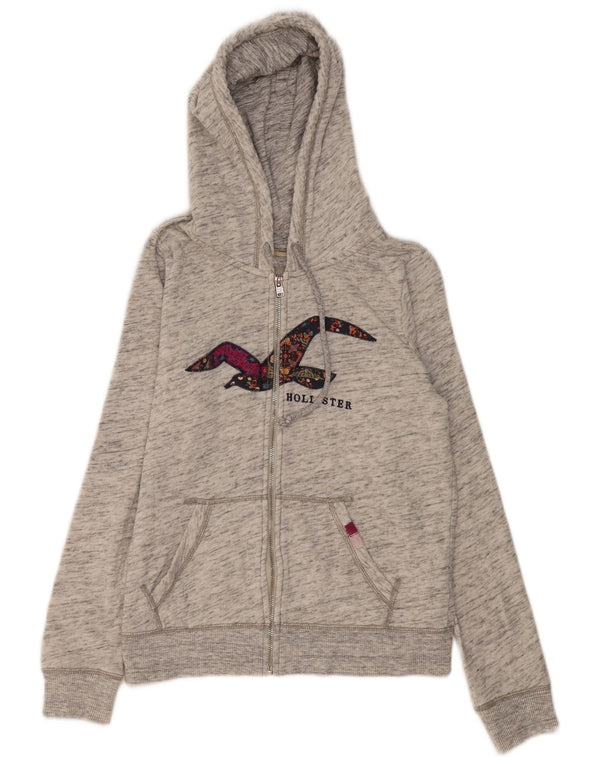 Hollister Pull à capuche zippé graphique pour femme UK 16 Grand coton moucheté gris