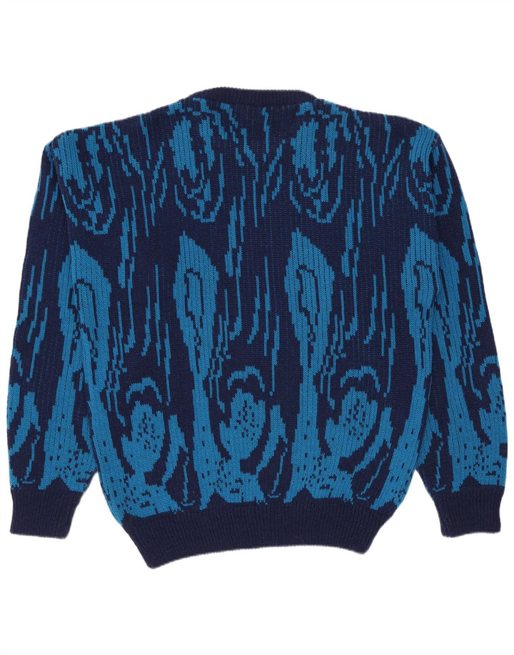 vintage Mens Crew Neck Jumper Pull IT 50 Laine Géométrique Bleu Moyen