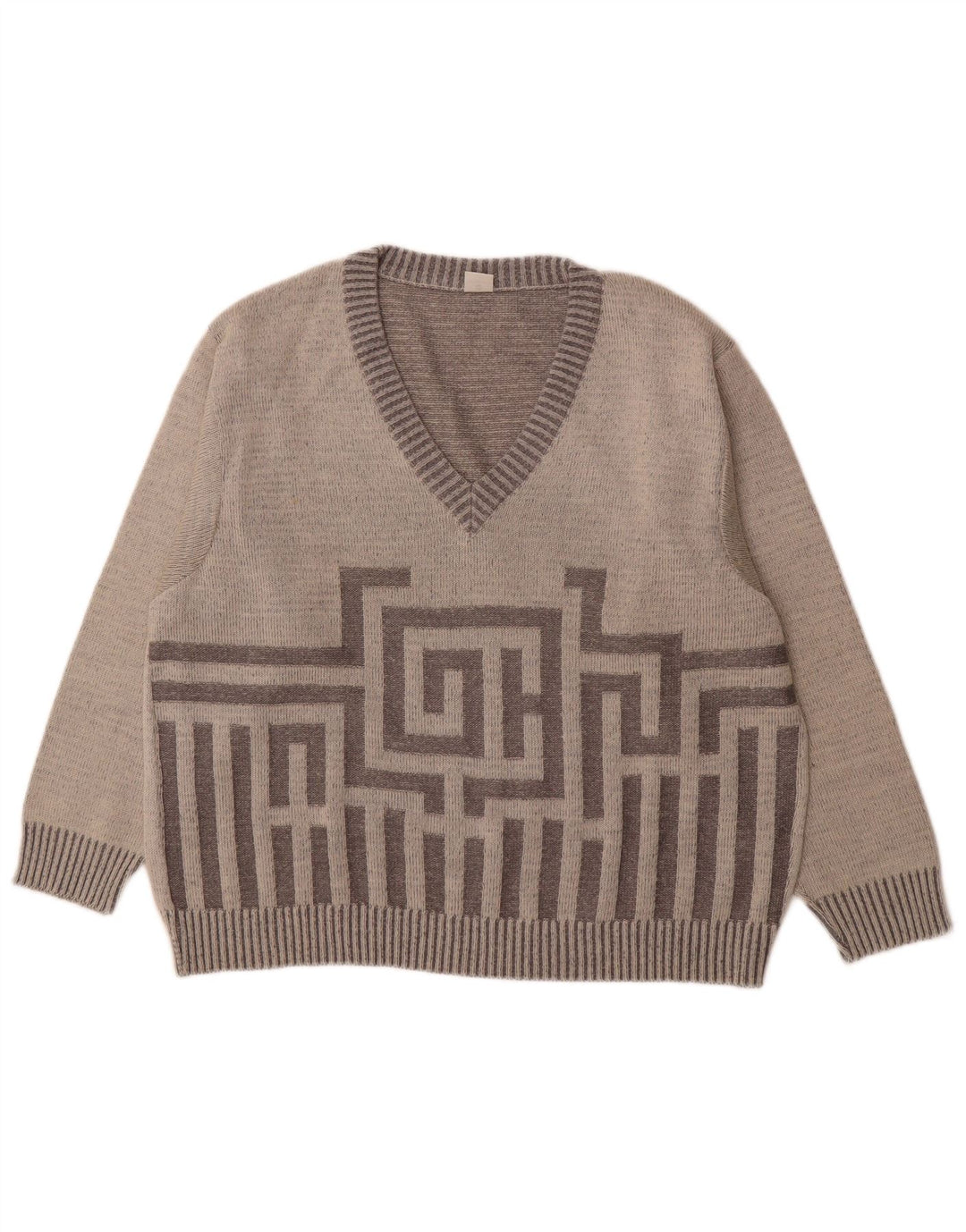 VINTAGE Mens V-Neck Jumper Sweater EU 54 Large Grey Geometric Wool
