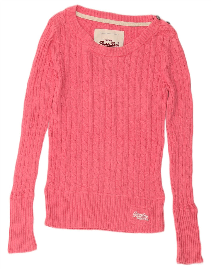 Superdry Femme Pull Col Bateau UK 10 Petit Rose Coton