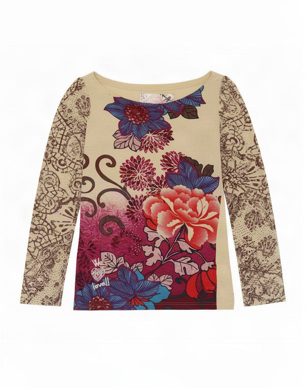 Desigual Haut Graphique Femme Manches Longues UK14 Large Beige Floral Viscose