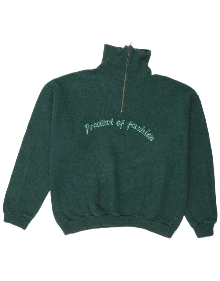 vintage Mens Graphic Zip Neck Jumper Pull Grand Vert