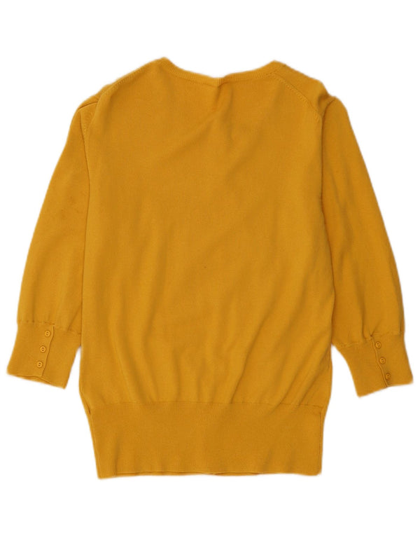 vintage Femmes 3/4 Manches Cardigan Pull UK 14 Coton Jaune Moyen