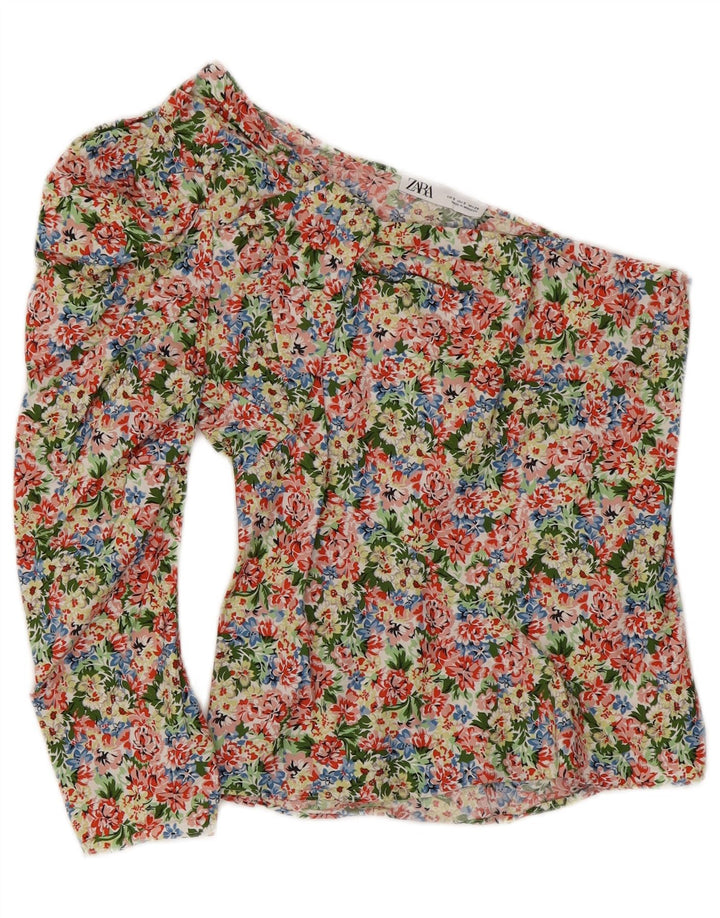 ZARA Femme Top Une Épaule UK 8 Petit Coton Floral Multicolore
