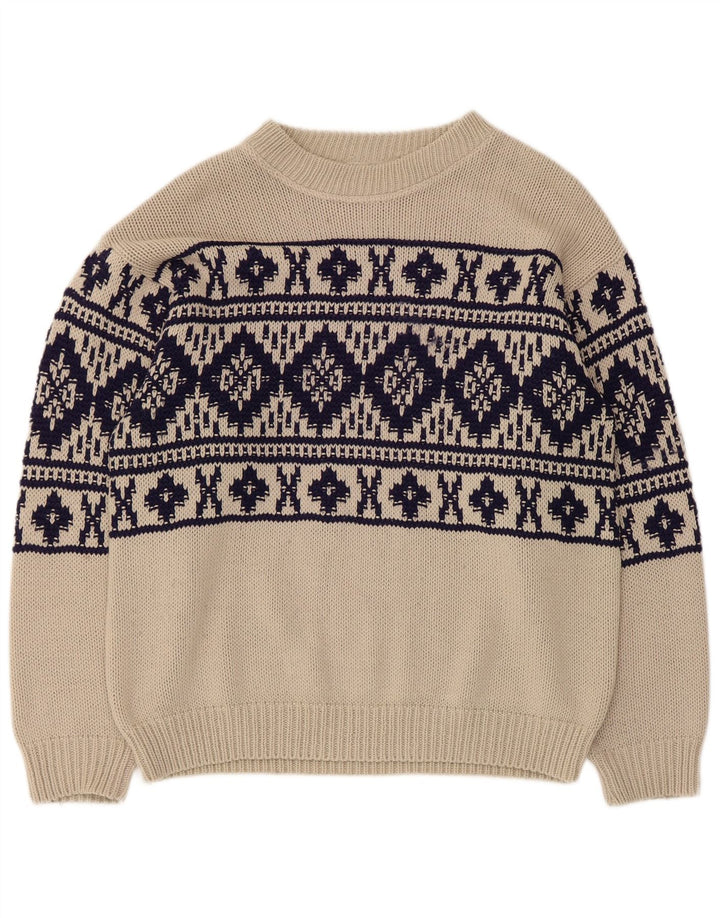 vintage Mens Boat Neck Jumper Pull Moyen Beige Fair Isle