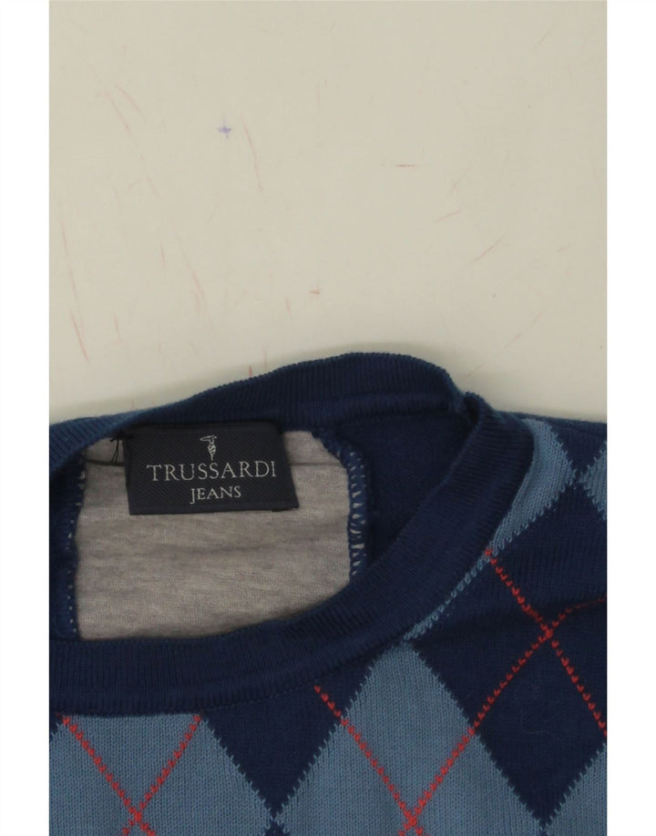 TRUSSARDI Mens Crew Neck Jumper Sweater Small Blue Argyle/Diamond Cotton Vintage Trussardi and Second-Hand Trussardi from Messina Hembry 