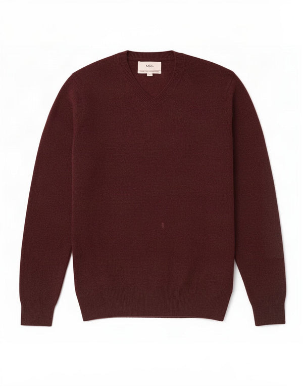 Marks & Spencer Pull col V pour homme en laine mouchetée bordeaux moyen