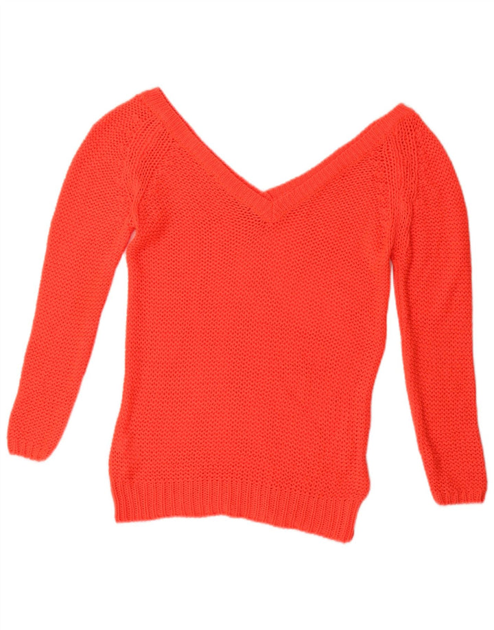 ZARA Femme Crochet Col V Pull Pull UK 12 Moyen Rouge Acrylique