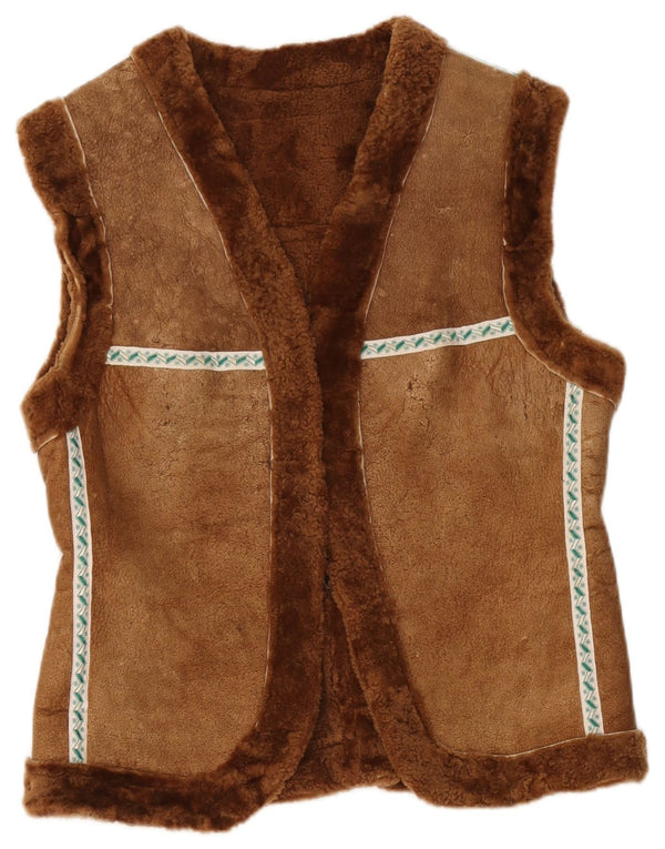 vintage Womens Shearling Gilet UK 12 Moyen Brun Géométrique