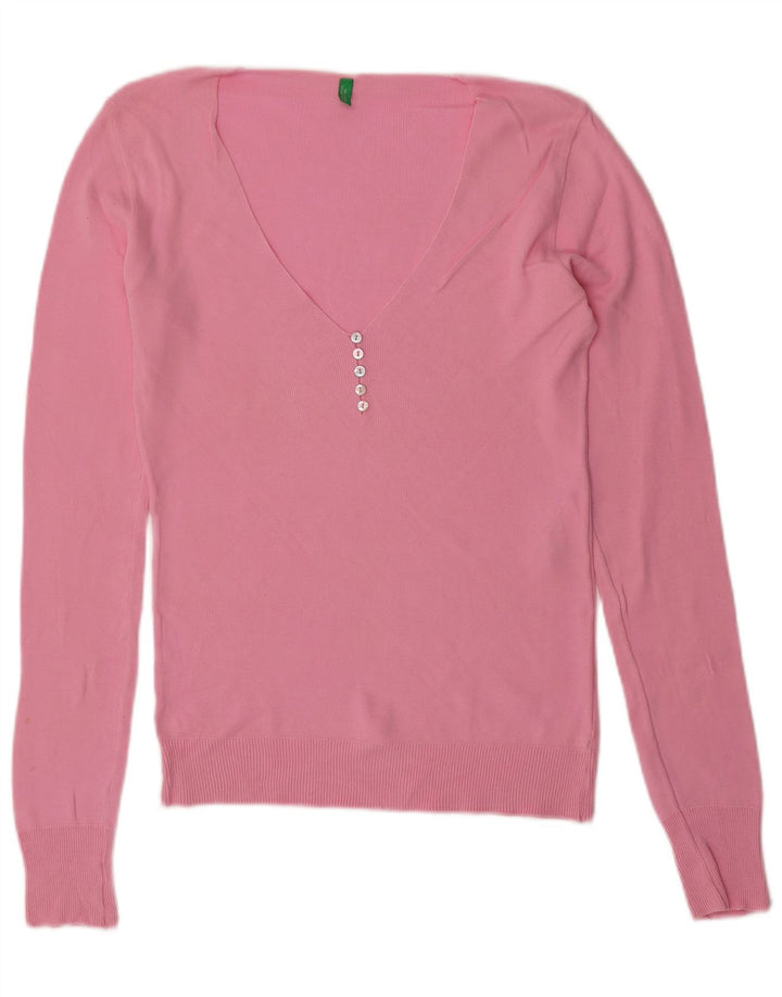 BENETTON Pull col en V pour femme UK 12 Coton rose moyen