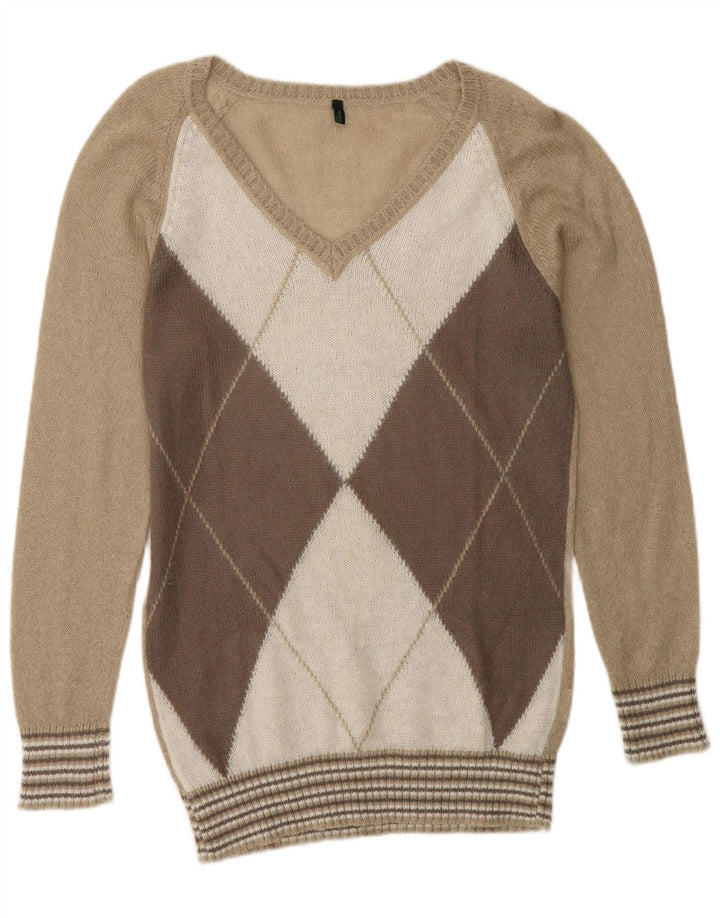 Benetton Pull col V pour femme UK 44 Beige moyen Argyle/Diamant