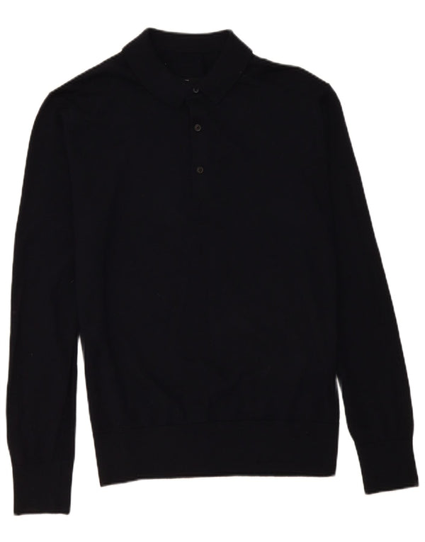 vintage Mens Polo Neck Jumper Pull Moyen Marine Bleu Laine Mérinos