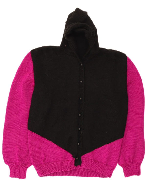 vintage Femme Cardigan à capuche Pull UK 14 Medium Black Colourblock