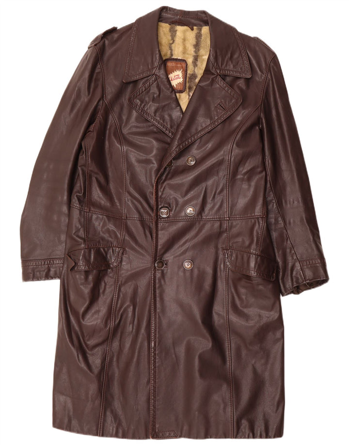 vintage Mens Militaire Cuir Double Breasted Manteau UK 36 Petit Marron