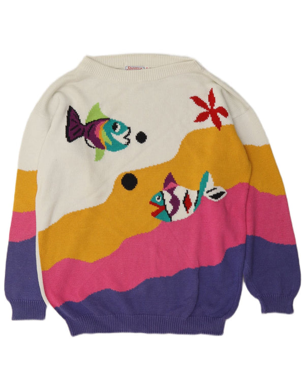 vintage Femme Bateau Cou Jumper Pull EU 46/48 XL Colorblock Blanc