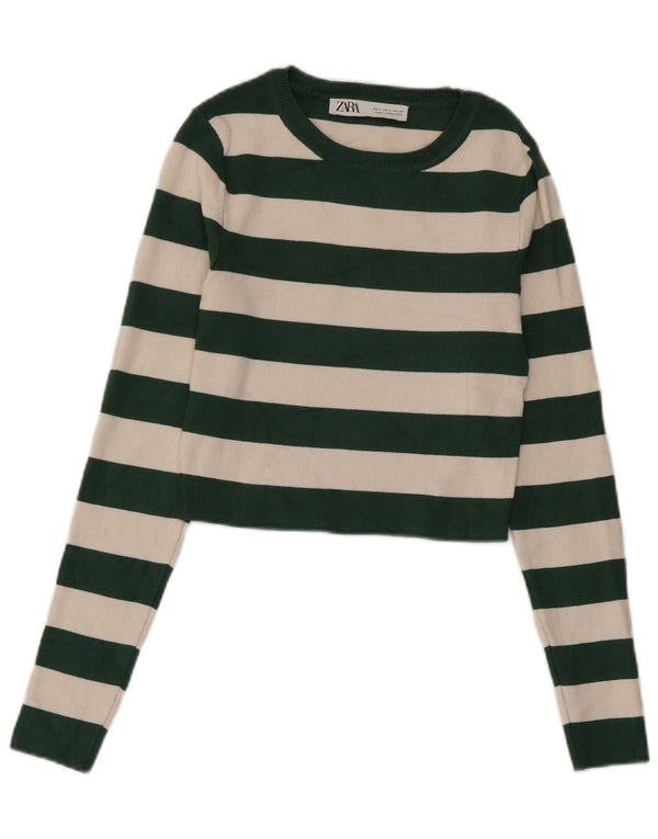 Zara Womens Crop Top Manches Longues UK 12 Viscose Rayé Vert Moyen