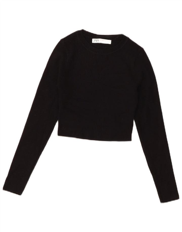 Zara Womens Crop Top Manches Longues UK 8 Small Noir Viscose