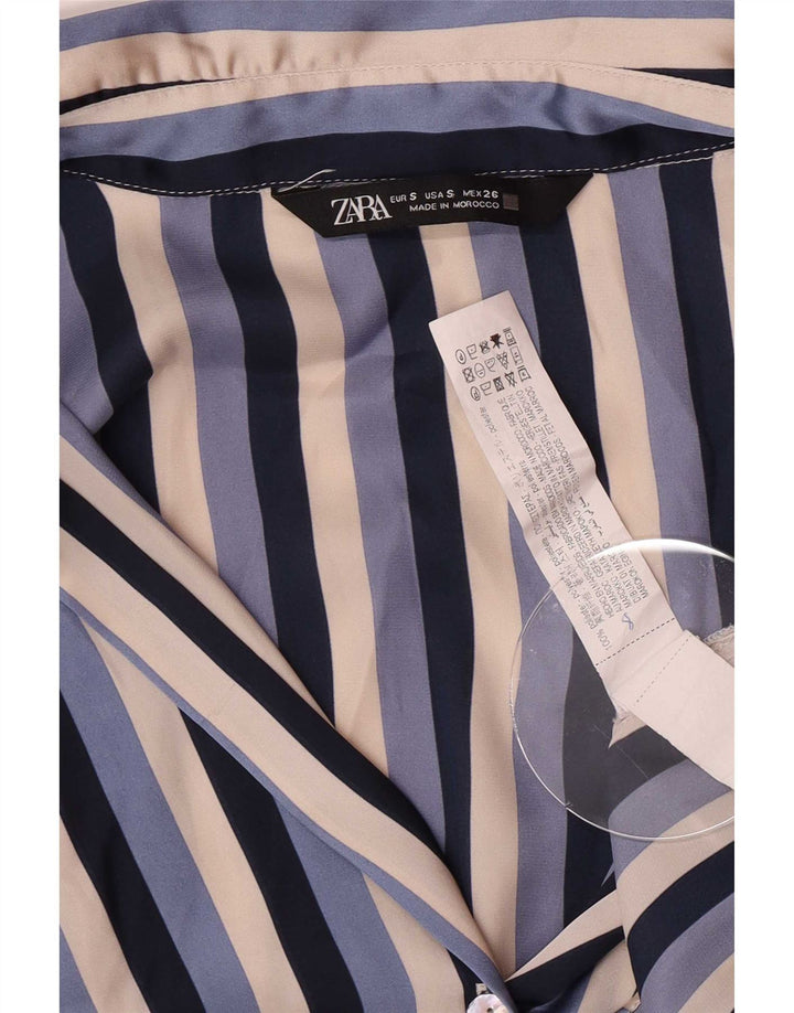 Zara Femme Chemise Blouse UK 10 Petit Bleu Rayé Polyester