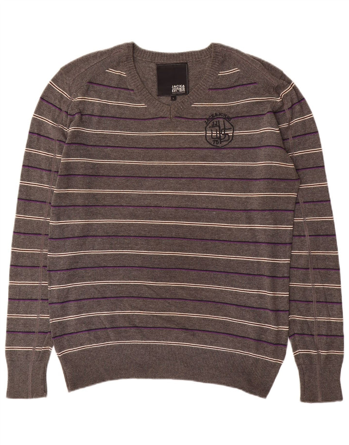Jack & Jones Pull Graphique Col V Homme Large Gris Rayé