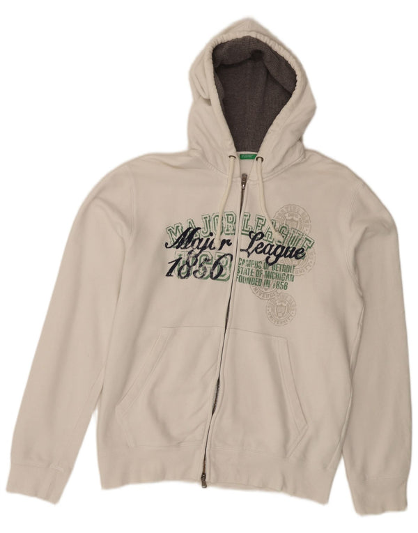 BENETTON Pull à capuche zippé graphique pour femme UK 16 Grand coton blanc