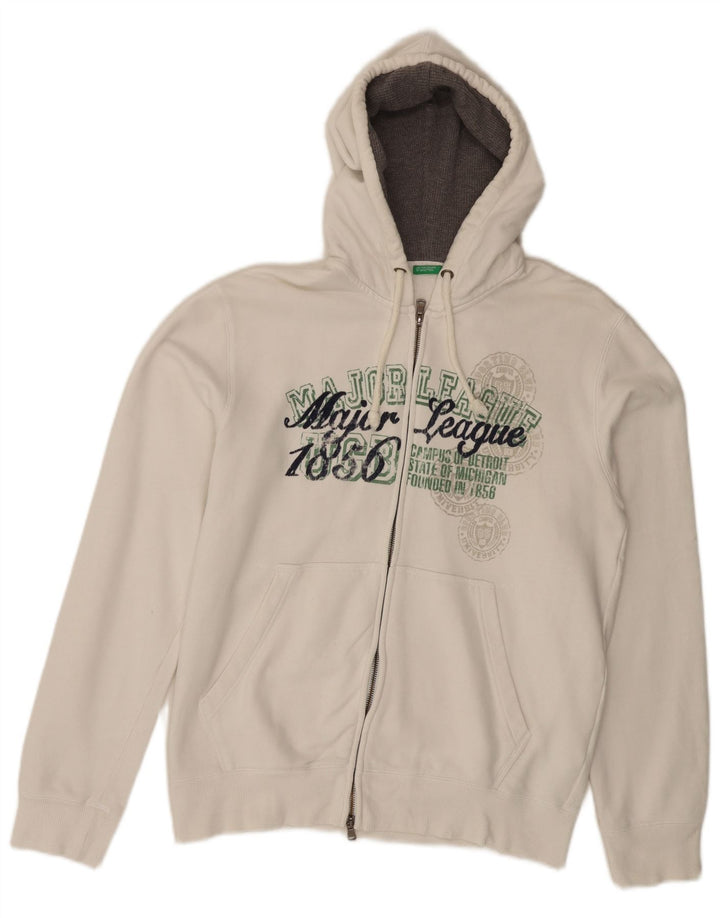 BENETTON Pull à capuche zippé graphique pour femme UK 16 Grand coton blanc