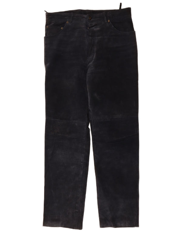 Pantalon droit en daim Vintage pour hommes W33 L33 cuir bleu marine