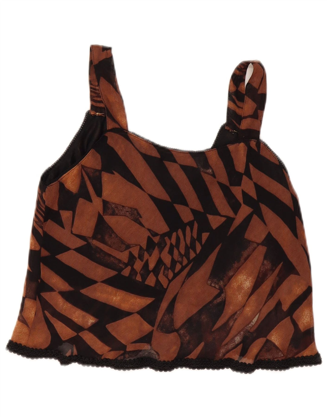 vintage Femmes Crop Cami Top UK 12 Moyen Brun Géométrique