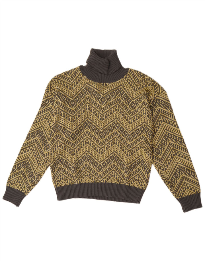 vintage Femmes Roll Neck Jumper Pull UK 14 Chevron Jaune Moyen