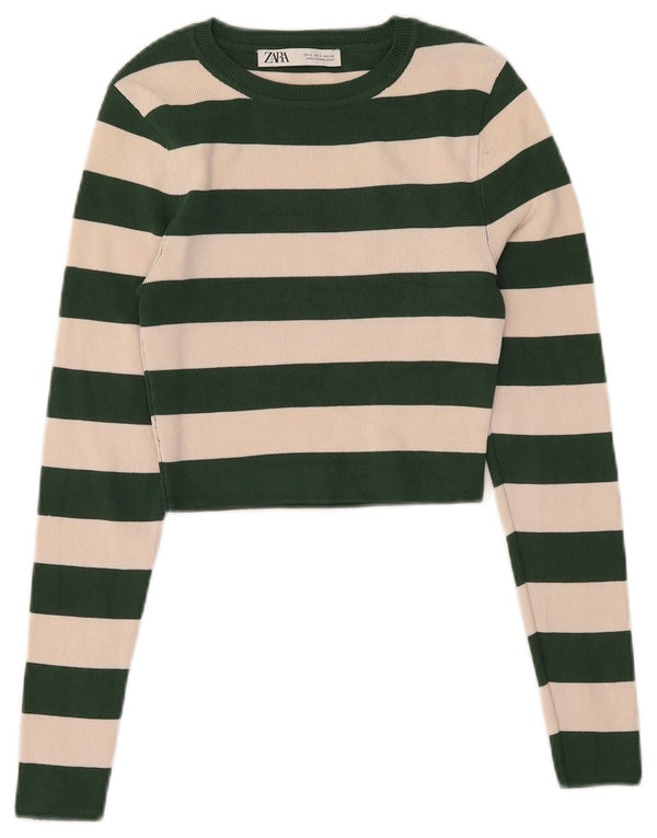 Zara Womens Crop Top Manches Longues UK 8 Petite Viscose Rayée Verte
