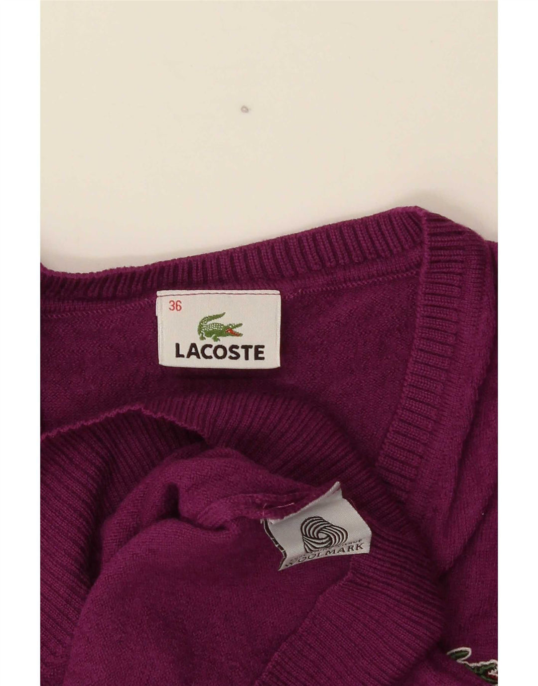 Lacoste Femme Col V Pull Pull Taille 36 Petite Laine Violette